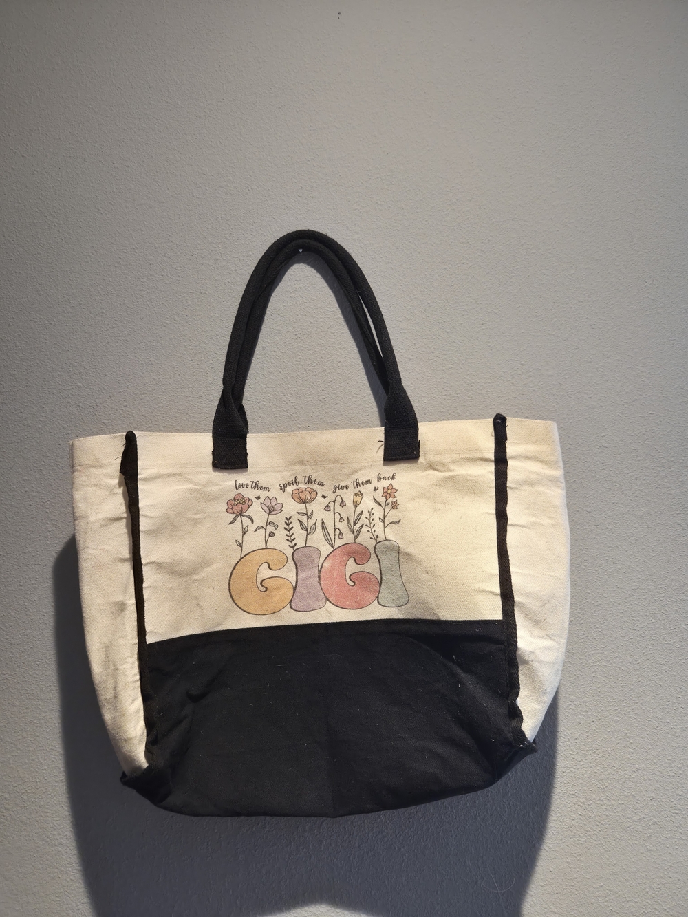 Canvas Two-Tone Floral Tote Bag in Cream and Black